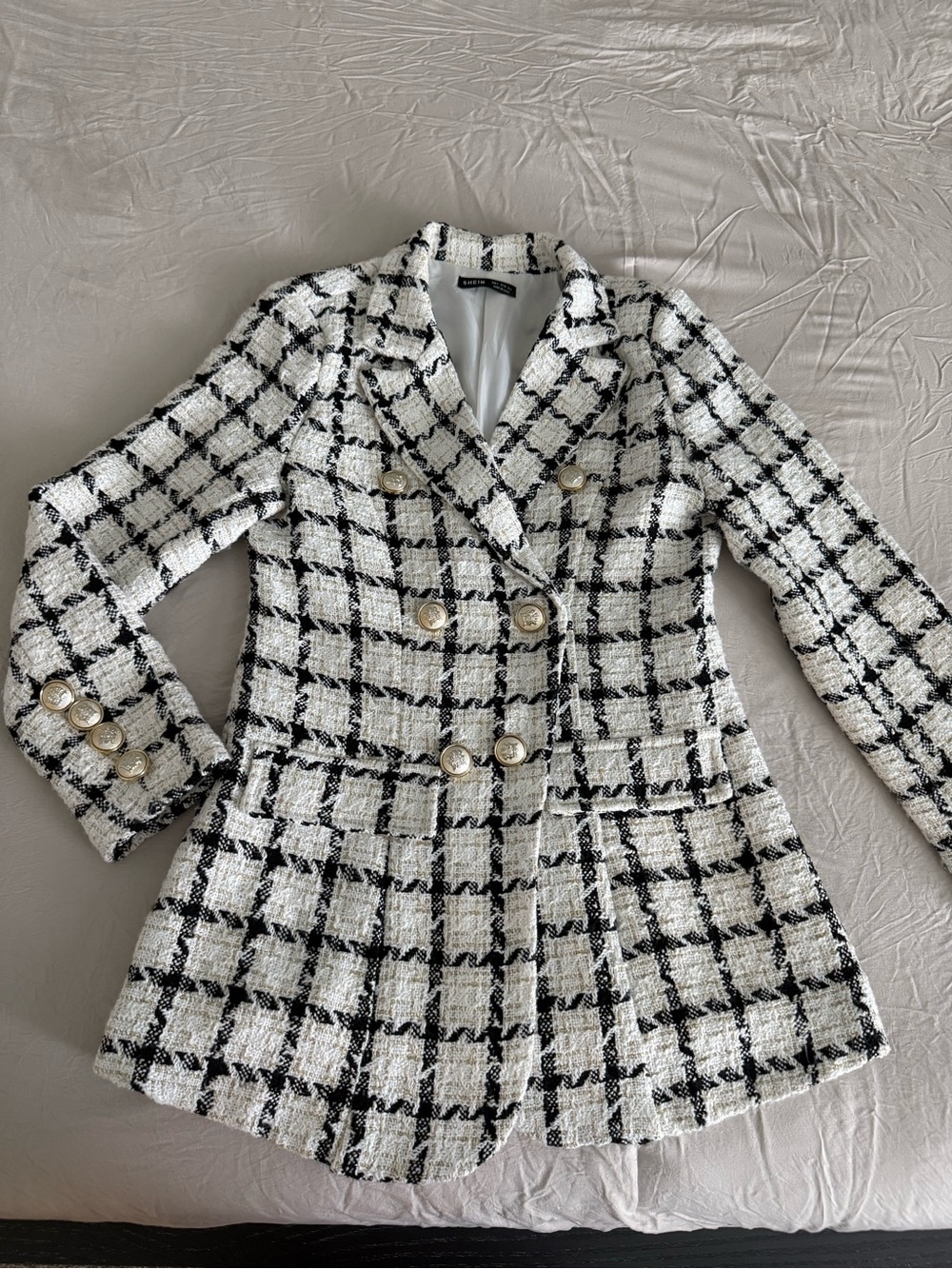 SHEIN Black & White Tweed Double-Breasted Blazer